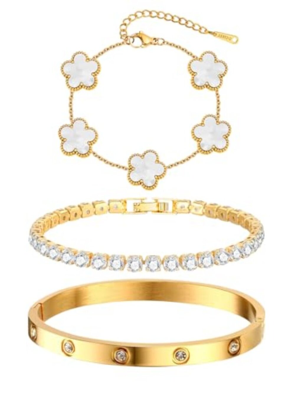 Womens Stackable Floral Gold Bracelets - 3Pcs 18K Gold Plated Bracelet